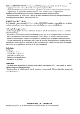 49
Elaborar o MAPA DE RISCOS, sobre o LAY-OUT da empresa, indicando através de círculos:
- o grupo que pertence o risco, de acordo com a padronização na tabela;
- o número de trabalhadores expostos ao risco o qual deve ser anotado dentro ou ao lado do circulo;
- a especificação do agente (por exemplo químico - sílica, hexano, ácidos ou ergonômicos -
repetitividade, ritmo excessivo) que devem também ser anotados dentro do circulo;
- intensidade de risco de acordo com a percepção dos trabalhadores que devem ser representados por
tamanhos proporcionalmente diferentes de círculos;
APRESENTAÇÃO VISUAL:
Após discutido e aprovado pela C.I.P.A., o MAPA DE RISCOS completo ou setorial deverá ser fixado
em local analisado, em forma claramente visível, e de fácil acesso para os trabalhadores.
Elaboração do mapa de risco
- A apresentação gráfica dos riscos ambientais deverá ser feita de maneira fácil e de modo a permitir a
rápida identificação.
- Para tanto se convencionou atribuir uma COR para cada tipo de risco e representa-los em forma de
CIRCULOS. O número de trabalhadores expostos ao risco deverá ser anotado dentro do circulo.
- A especificação do agente (químico ou ergonômico) também deverá ser anotada dentro do círculo.
- No caso das empresas de construção civil, o mapa de risco das diversas frentes de trabalho deve ser
realizado no canteiro de obras, por etapas de desenvolvimento dos trabalhos, e deve ser revisto sempre
que um fato novo modifique a sua situação de risco estabelecida.
Simbologias
Cor/Riscos
- Verde/Riscos Físicos.
- Vermelho/Riscos Químicos.
- Marrom/Riscos Biológicos.
- Amarelo/Riscos Ergonômicos.
- Azul/Riscos de Acidente.
Observação:
- Vale lembrar que a existência de agentes com gravidade máxima caracteriza a necessidade de soluções
imediatas para os problemas imediatos
- Quando no local de trabalho existir mais de um agente com gravidade diferente, identifica-se de acordo
com o grau de risco
MAPA DE RISCOS AMBIENTAIS
Apresentação gráfica do reconhecimento dos riscos existentes no local de trabalho.
 