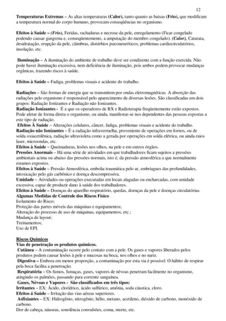 12
Temperaturas Extremas – As altas temperaturas (Calor), tanto quanto as baixas (Frio), que modificam
a temperatura normal do corpo humano, provocam conseqüências no organismo.
Efeitos à Saúde – (Frio), Feridas, rachaduras e necrose da pele, enregelamento (Ficar congelado
podendo causar gangrena e, conseqüentemente, a amputação do membro congelado). (Calor), Catarata,
desidratação, erupção da pele, câimbras, distúrbios psiconeuróticos, problemas cardiocirculatórios,
insolação, etc.
Iluminação – A iluminação do ambiente de trabalho deve ser condizente com a função exercida. Não
pode haver iluminação excessiva, nem deficiência de iluminação, pois ambos podem provocar mudanças
orgânicas, trazendo riscos à saúde.
Efeitos à Saúde – Fadiga, problemas visuais e acidente do trabalho.
Radiações – São formas de energia que se transmitem por ondas eletromagnéticas. A absorção das
radiações pelo organismo é responsável pelo aparecimento de diversas lesões. São classificadas em dois
grupos: Radiação Ionizantes e Radiação não Ionizantes.
Radiação Ionizantes - É a que os operadores de RX e Radioterapia freqüentemente estão expostos.
Pode afetar de forma direta o organismo, ou ainda, manifestar-se nos dependentes das pessoas expostas a
este tipo de radiação.
Efeitos À Saúde – Alterações celulares, câncer, fadiga, problemas visuais e acidente do trabalho.
Radiação não Ionizantes – È a radiação infravermelha, proveniente de operações em fornos, ou de
solda oxiacetilênica, radiação ultravioleta como a gerada por operações em solda elétrica, ou ainda raios
laser, microondas, etc.
Efeitos à Saúde – Queimaduras, lesões nos olhos, na pele e em outros órgãos.
Pressões Anormais – Há uma série de atividades em que trabalhadores ficam sujeitos a pressões
ambientais acima ou abaixo das pressões normais, isto é, da pressão atmosférica a que normalmente
estamos expostos.
Efeitos à Saúde – Pressão Atmosférica, embolia traumática pelo ar, embriagues das profundidades,
intoxicação pelo gás carbônico e doença descompressiva.
Umidade – Atividades ou operações executadas em locais alagadas ou encharcadas, com umidade
excessiva, capaz de produzir dano à saúde dos trabalhadores.
Efeitos à Saúde – Doenças do aparelho respiratório, quedas, doenças da pele e doenças circulatórias.
Algumas Medidas de Controle dos Riscos Físico
Isolamento do Risco;
Proteção das partes móveis das máquinas e equipamentos;
Alteração do processo de uso de máquinas, equipamentos, etc.;
Mudança de layout;
Treinamentos;
Uso de EPI.
Riscos Químicos
Vias de penetração os produtos químicos.
Cutânea – A contaminação ocorre pelo contato com a pele. Os gases e vapores liberados pelos
produtos podem causar lesões à pele e mucosas na boca, nos olhos e no nariz.
Digestiva – Embora em menor proporção, a contaminação por esta via é possível. O hábito de respirar
pela boca facilita a penetração.
Respiratória – Os fumos, fumaças, gases, vapores de névoas penetram facilmente no organismo,
atingindo os pulmões, passando para corrente sanguínea.
Gases, Névoas e Vapores - São classificados em três tipos:
Irritantes – EX: Ácido, clorídrico, ácido sulfúrico, amônia, soda cáustica, cloro.
Efeitos á Saúde – Irritação das vias aéreas superiores.
Asfixiantes – EX: Hidrogênio, nitrogênio, hélio, metano, acetileno, dióxido de carbono, monóxido de
carbono.
Dor de cabeça, náuseas, sonolência convulsões, coma, morte, etc.
 