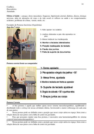 14
Conflitos;
Desconforto;
Ansiedade.
Efeitos à Saúde – cansaço, dores musculares, fraquezas, hipertensão arterial, diabetes, úlceras, doenças
nervosas, além de alterações do sono e da vida social co reflexos na saúde e no comportamento,
acidentes, problemas de coluna, tensão, medo, etc.
Exemplos de Posturas Incorretas (Ergonômia)
Jogo dos 7 erros
Postura correta frente ao computador
Postura Correta
• A boa postura é aquela que melhor ajusta nosso sistema musculoesquelético, equilibrando e
distribuindo todo o esforço de nossas atividades diárias, favorecendo a menor sobrecarga em cada uma
de suas partes;
• Nossa postura pode ser definida como a posição que nosso corpo adota no espaço, bem como a
relação direta de suas partes com a linha do centro de gravidade;
• Para que possamos manter uma boa postura, é necessário uma harmonia/equilíbrio do sistema
corporal (neuromusculoesquelético)
• Nossa postura pode ser definida como a posição que nosso corpo adota no espaço, bem como a
relação direta de suas partes com a linha do centro de gravidade.
 