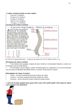 15
A coluna vertebral consiste em cinco regiões:
• Cervical (7 vértebras)
• Torácica (12 vértebras)
• Lombar (5 vértebras)
• Sacra (5 vért. fundidas)
• Coccígea (4 vértebras)
Curvaturas da Coluna Vertebral
Movimentos da coluna vertebral
• O movimento entre qualquer conjunto de duas vértebras é extremamente limitado e consiste em
um pequeno grau de deslizamento.
• Os movimentos de que dispõe a coluna vertebral podem ser comparados aos de uma articulação
com três graus de liberdade, permitindo flexão e extensão, flexão lateral e rotação.
Deformidades da Coluna Vertebral
• Cifose - curvatura aumentada da porção torácica da coluna
• Lordose - curvatura exagerada da porção lombar da coluna
• Escoliose – desvio lateral da coluna vertebral no plano frontal
1. Antes de levantar qualquer peso, pense sobre o peso. Devo pedir ajuda? Serei capaz de colocar
o peso no lugar com segurança?
 