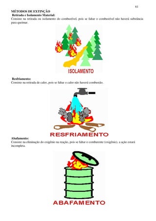 61
MÉTODOS DE EXTINÇÃO
Retirada e Isolamento Material:
Consiste na retirada ou isolamento do combustível, pois se faltar o combustível não haverá substância
para queimar.
Resfriamento:
Consiste na retirada de calor, pois se faltar o calor não haverá combustão.
Abafamento:
Consiste na eliminação do oxigênio na reação, pois se faltar o comburente (oxigênio), a ação estará
incompleta.
 