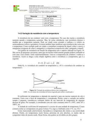 MINISTÉRIO DA EDUCAÇÃO
SECRETARIA DE EDUCAÇÃO PROFISSIONAL E TECNOLÓGICA
INSTITUTO FEDERAL DE EDUCAÇÃO, CIÊNCIA E TECNOLOGIA DE SANTA CATARINA
CAMPUS CHAPECÓ
CURSO TÉCNICO EM ELETROELETRÔNICA – MÓDULO II
UNIDADE CURRICULAR – CIRCUITOS ELÉTRICOS I
11
Material Resistividade
Alumínio 2,83⋅10-8
Ω.m
Cobre 1,72⋅10-8
Ω.m
Prata 1,64⋅10-8
Ω.m
Ferro 12,3⋅10-8
Ω.m
1.4.2 Variação da resistência com a temperatura
A resistência de um condutor varia com a temperatura. No caso dos metais a resistência
aumenta quando a temperatura aumentar. Mas, há certas substâncias cuja resistência diminui à
medida que a temperatura aumenta. Pode ser citado como exemplo o carbono e o telúrio ou
semicondutores (silício e germânio). Existem também ligas metálicas cuja resistência não varia com
a temperatura. Como exemplo pode ser citado o constantan (composta de níquel, cobre e zinco), a
manganina (composta de cobre e manganês) e a niquelina (composta de cobre, manganês e níquel).
Um gráfico de resistência em função da temperatura tem o aspecto indicado na Figura 1.6.
São curvas de pequenas curvaturas, tanto que em trechos relativamente grandes podem confundir-se
com retas. Esse estudo é feito experimentalmente: varia-se a temperatura do condutor e mede-se a
resistência. Assim se chega a uma relação algébrica entre a resistência e a temperatura, que é a
seguinte:
[ ])tt(1RR oo −α+⋅= [Ω]
Onde Ro é a resistência do condutor na temperatura to e R é a resistência do condutor na
temperatura t.
Figura 1.6: Variação da resistência elétrica com a temperatura.
(OBS.: As curvaturas são mostradas de forma exagerada para melhor visualização.)
O coeficiente de temperatura α depende do material e para um mesmo material ele não é
constante. Varia com a faixa de temperatura to considerada. Porém, como a variação em análise
sempre é pequena, considera-se constante dentro de um intervalo de temperatura de algumas
dezenas de graus. Por exemplo, é considerado com um valor constante entre 0o
e 50o
C, entre 50o
e
100o
C, etc..
A unidade do coeficiente de temperatura é o inverso de uma unidade de temperatura. É mais
comum avaliar-se a temperatura em graus Celsius (°C), logo α é definido como 1/°C, ou, (°C)-1
.
Como mencionado anteriormente, baixando-se a temperatura dos metais a sua resistividade
diminui. Porém, em temperaturas muito baixas, próximas do zero absoluto, os metais não se
comportam todos do mesmo modo. Desta forma, eles podem ser divididos em dois grupos:
 