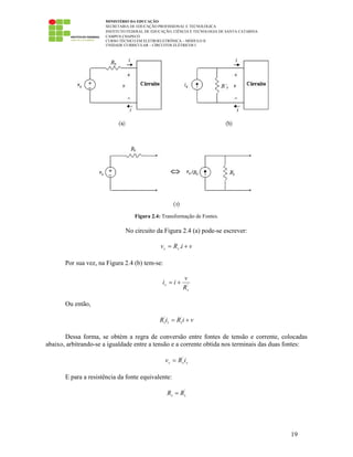 MINISTÉRIO DA EDUCAÇÃO
SECRETARIA DE EDUCAÇÃO PROFISSIONAL E TECNOLÓGICA
INSTITUTO FEDERAL DE EDUCAÇÃO, CIÊNCIA E TECNOLOGIA DE SANTA CATARINA
CAMPUS CHAPECÓ
CURSO TÉCNICO EM ELETROELETRÔNICA – MÓDULO II
UNIDADE CURRICULAR – CIRCUITOS ELÉTRICOS I
19
Figura 2.4: Transformação de Fontes.
No circuito da Figura 2.4 (a) pode-se escrever:
viRv ss += .
Por sua vez, na Figura 2.4 (b) tem-se:
'
s
s
R
v
ii +=
Ou então,
viRiR sss += ''
Dessa forma, se obtém a regra de conversão entre fontes de tensão e corrente, colocadas
abaixo, arbitrando-se a igualdade entre a tensão e a corrente obtida nos terminais das duas fontes:
sss iRv '
=
E para a resistência da fonte equivalente:
'
ss RR =
 