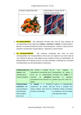 Colégio Batista do Cariri – 9º ano

        Frutose é o açúcar das frutas                     Desoxirribose é o açúcar que faz
                                                          parte do material genético




2. OS DISSACARÍDEOS - São carboidratos formados pela união de duas moléculas de
   monossacarídeos. Os principais são a maltose, a sacarose e a lactose. A maltose (glicose +
   glicose) é um produto da quebra do amido. A sacarose (glicose + frutose) é o açúcar da cana-
   de-açúcar e da beterraba. A lactose (glicose + galactose) é o açúcar do leite.


3. OS   POLISSACARÍDEOS            -    São      moléculas       constituídas    pela    união    de   vários
   monossacarídeos. Os monossacarídeos unem-se por uma reação em que ocorre saída de
   uma molécula de água por cada ligação química realizada (síntese por desidratação). Os
   polissacarídeos são moléculas enormes, às vezes ramificadas, constituídas por numerosos
   monossacarídeos, que são classificadas em dois grupos:




   Polissacarídeos de      Nos     animais       o    excesso      de    Já      nos       vegetais,      o
   reserva – são           carboidratos é armazenado sob a               polissacarídeo de reserva é
   carboidratos de         forma       de   um       polissacarídeo      conhecido como amido. E é
   reserva energética.     chamado            de       glicogênio,       encontrado      na      mandioca,
                           principalmente nos músculos e no              batatas, trigo, arroz, milho, etc.
                           fígado.
   Polissacarídeos         A     celulose        é    o      principal   A quitina é o polissacarídeo
   estruturais – são       componente         da     parede       das    que forma a carapaça dos
   os que participam       células vegetais, onde serve de               artrópodes (insetos, aracnídeos
   da constituição         proteção e sustentação.                       e crustáceos) e forma a parede
   física de alguns                                                      das células dos fungos.
   seres vivos




                       Apostila de Biologia – Prof. Luis Carlos                                               9
 