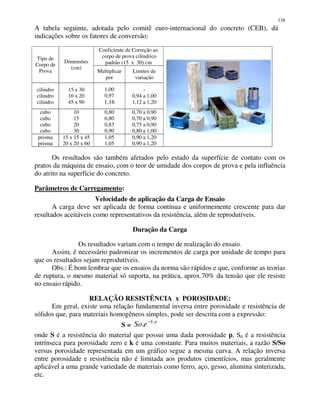 138
A tabela seguinte, adotada pelo comitê euro-internacional do concreto (CEB), dá
indicações sobre os fatores de conversão:
Coeficiente de Correção ao
corpo de prova cilíndrico
padrão (15 x 30) cm
Tipo de
Corpo de
Prova
Dimensões
(cm)
Multiplicar
por
Limites de
variação
cilindro
cilindro
cilindro
15 x 30
10 x 20
45 x 90
1,00
0,97
1,16
-
0,94 a 1,00
1,12 a 1,20
cubo
cubo
cubo
cubo
10
15
20
30
0,80
0,80
0,83
0,90
0,70 a 0,90
0,70 a 0,90
0,75 a 0,90
0,80 a 1,00
prisma
prisma
15 x 15 x 45
20 x 20 x 60
1,05
1,05
0,90 a 1,20
0,90 a 1,20
Os resultados são também afetados pelo estado da superfície de contato com os
pratos da máquina de ensaio, com o teor de umidade dos corpos de prova e pela influência
do atrito na superfície do concreto.
Parâmetros de Carregamento:
Velocidade de aplicação da Carga de Ensaio
A carga deve ser aplicada de forma contínua e uniformemente crescente para dar
resultados aceitáveis como representativos da resistência, além de reprodutíveis.
Duração da Carga
Os resultados variam com o tempo de realização do ensaio.
Assim, é necessário padronizar os incrementos de carga por unidade de tempo para
que os resultados sejam reprodutíveis.
Obs.: É bom lembrar que os ensaios da norma são rápidos e que, conforme as teorias
de ruptura, o mesmo material só suporta, na prática, aprox.70% da tensão que ele resiste
no ensaio rápido.
RELAÇÃO RESISTÊNCIA x POROSIDADE:
Em geral, existe uma relação fundamental inversa entre porosidade e resistência de
sólidos que, para materiais homogêneos simples, pode ser descrita com a expressão:
S =
pk
eSo −
.
onde S é a resistência do material que possui uma dada porosidade p, S0 é a resistência
intrínseca para porosidade zero e k é uma constante. Para muitos materiais, a razão S/So
versus porosidade representada em um gráfico segue a mesma curva. A relação inversa
entre porosidade e resistência não é limitada aos produtos cimentícios, mas geralmente
aplicável a uma grande variedade de materiais como ferro, aço, gesso, alumina sinterizada,
etc.
 