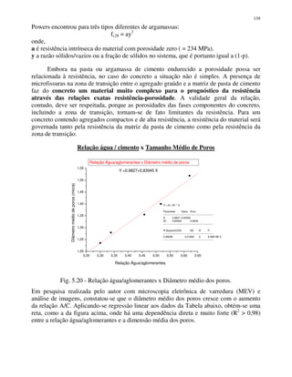 139
Powers encontrou para três tipos diferentes de argamassas:
fc28 = ay3
onde,
a é resistência intrínseca do material com porosidade zero ( = 234 MPa).
y a razão sólidos/vazios ou a fração de sólidos no sistema, que é portanto igual a (1-p).
Embora na pasta ou argamassa de cimento endurecido a porosidade possa ser
relacionada à resistência, no caso do concreto a situação não é simples. A presença de
microfissuras na zona de transição entre o agregado graúdo e a matriz de pasta de cimento
faz do concreto um material muito complexo para o prognóstico da resistência
através das relações exatas resistência-porosidade. A validade geral da relação,
contudo, deve ser respeitada, porque as porosidades das fases componentes do concreto,
incluindo a zona de transição, tornam-se de fato limitantes da resistência. Para um
concreto contendo agregados compactos e de alta resistência, a resistência do material será
governada tanto pela resistência da matriz da pasta de cimento como pela resistência da
zona de transição.
Relação água / cimento x Tamanho Médio de Poros
0,25 0,30 0,35 0,40 0,45 0,50 0,55 0,60 0,65
1,20
1,25
1,30
1,35
1,40
1,45
1,50
1,55
Relação Água/aglomerantes
Y = A + B1 * X
Parameter Value Error
------------------------------------------------------------
A 0,9827 0,02946
B1 0,83945 0,0638
------------------------------------------------------------
R-Square(COD) SD N P
------------------------------------------------------------
0,98296 0,01669 5 9,48619E-4
------------------------------------------------------------
Y =0,9827+0,83945 X
Diâmetromédiodeporos(micra)
Relação Água/aglomerantes x Diâmetro médio de poros
Fig. 5.20 - Relação água/aglomerantes x Diâmetro médio dos poros.
Em pesquisa realizada pelo autor com microscopia eletrônica de varredura (MEV) e
análise de imagens, constatou-se que o diâmetro médio dos poros cresce com o aumento
da relação A/C. Aplicando-se regressão linear aos dados da Tabela abaixo, obtém-se uma
reta, como a da figura acima, onde há uma dependência direta e muito forte (R2
> 0,98)
entre a relação água/aglomerantes e a dimensão média dos poros.
 