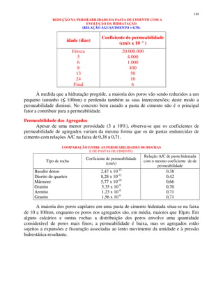 149
REDUÇÃO NA PERMEABILIDADE DA PASTA DE CIMENTO COM A
EVOLUÇÃO DA HIDRATAÇÃO
(RELAÇÃO ÁGUA/CIMENTO = 0,70).
idade (dias)
Coeficiente de permeabilidade
(cm/s x 10−11
)
Fresca
5
6
8
13
24
Final
20.000.000
4.000
1.000
400
50
10
6
À medida que a hidratação progride, a maioria dos poros vão sendo reduzidos a um
pequeno tamanho (≤≤≤≤ 100nm) e perdendo também as suas interconexões; deste modo a
permeabilidade diminui. No concreto bem curado a pasta de cimento não é o principal
fator a contribuir para a permeabilidade.
Permeabilidade dos Agregados
Apesar de uma menor porosidade (3 a 10%), observa-se que os coeficientes de
permeabilidade de agregados variam da mesma forma que os de pastas endurecidas de
cimento com relações A/C na faixa de 0,38 a 0,71.
COMPARAÇÃO ENTRE AS PERMEABILIDADES DE ROCHAS
E DE PASTAS DE CIMENTO:
Tipo de rocha
Coeficiente de permeabilidade
(cm/s)
Relação A/C de pasta hidratada
com o mesmo coeficiente de de
permeabilidade
Basalto denso
Diorito de quartzo
Mármore
Granito
Arenito
Granito
2,47 x 10-12
8,28 x 10-12
5,77 x 10-10
5,35 x 10-9
1,23 x 10-8
1,56 x 10-8
0,38
0,42
0,66
0,70
0,71
0,71
A maioria dos poros capilares em uma pasta de cimento hidratada situa-se na faixa
de 10 a 100nm, enquanto os poros nos agregados são, em média, maiores que 10µm. Em
alguns calcários e outras rochas a distribuição dos poros envolve uma quantidade
considerável de poros mais finos; a permeabilidade é baixa, mas os agregados estão
sujeitos a expansões e fissuração associadas ao lento movimento da umidade e à pressão
hidrostática resultante.
 
