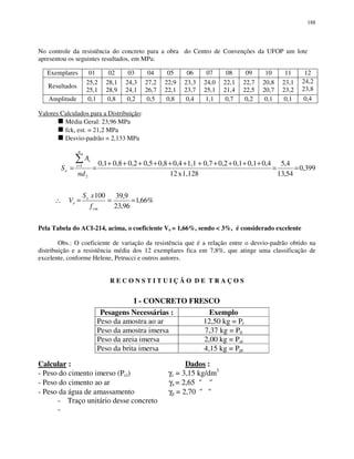 188
No controle da resistência do concreto para a obra do Centro de Convenções da UFOP um lote
apresentou os seguintes resultados, em MPa:
Exemplares 01 02 03 04 05 06 07 08 09 10 11 12
Resultados
25,2
25,1
28,1
28,9
24,3
24,1
27,2
26,7
22,9
22,1
23,3
23,7
24,0
25,1
22,1
21,4
22,7
22,5
20,8
20,7
23,1
23,2
24,2
23,8
Amplitude 0,1 0,8 0,2 0,5 0,8 0,4 1,1 0,7 0,2 0,1 0,1 0,4
Valores Calculados para a Distribuição:
Média Geral: 23,96 MPa
fck, est. = 21,2 MPa
Desvio-padrão = 2,133 MPa
%66,1
96,23
9,39100
399,0
54,13
4,5
1,128x12
0,40,10,10,20,71,10,40,80,50,20,80,1
2
1
===∴
==
+++++++++++
== =
cm
e
e
n
i
i
e
f
xS
V
nd
A
S
Pela Tabela do ACI-214, acima, o coeficiente Ve = 1,66%, sendo < 3%, é considerado excelente
Obs.: O coeficiente de variação da resistência que é a relação entre o desvio-padrão obtido na
distribuição e a resistência média dos 12 exemplares fica em 7,8%, que atinge uma classificação de
excelente, conforme Helene, Petrucci e outros autores.
R E C O N S T I T U I Ç Ã O D E T R A Ç O S
I - CONCRETO FRESCO
Pesagens Necessárias : Exemplo
Peso da amostra ao ar 12,50 kg = Pt
Peso da amostra imersa 7,37 kg = Pti
Peso da areia imersa 2,00 kg = Pai
Peso da brita imersa 4,15 kg = Ppi
Calcular : Dados :
- Peso do cimento imerso (Pci) γc = 3,15 kg/dm3
- Peso do cimento ao ar γa = 2,65 " "
- Peso da água de amassamento γp = 2,70 " "
- Traço unitário desse concreto
-
 