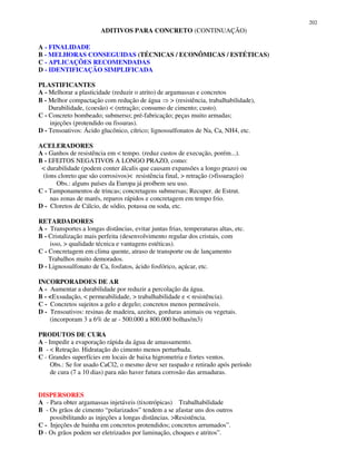 202
ADITIVOS PARA CONCRETO (CONTINUAÇÃO)
A - FINALIDADE
B - MELHORAS CONSEGUIDAS (TÉCNICAS / ECONÔMICAS / ESTÉTICAS)
C - APLICAÇÕES RECOMENDADAS
D - IDENTIFICAÇÃO SIMPLIFICADA
PLASTIFICANTES
A - Melhorar a plasticidade (reduzir o atrito) de argamassas e concretos
B - Melhor compactação com redução de água > (resistência, trabalhabilidade),
Durabilidade, (coesão) < (retração; consumo de cimento; custo).
C - Concreto bombeado; submerso; pré-fabricação; peças muito armadas;
injeções (protendido ou fissuras).
D - Tensoativos: Ácido glucônico, cítrico; lignossulfonatos de Na, Ca, NH4, etc.
ACELERADORES
A - Ganhos de resistência em < tempo. (reduz custos de execução, porém...).
B - EFEITOS NEGATIVOS A LONGO PRAZO, como:
< durabilidade (podem conter álcalis que causam expansões a longo prazo) ou
(íons cloreto que são corrosivos)< resistência final, > retração (>fissuração)
Obs.: alguns países da Europa já proíbem seu uso.
C - Tamponamentos de trincas; concretagens submersas; Recuper. de Estrut.
nas zonas de marés, reparos rápidos e concretagem em tempo frio.
D - Cloretos de Cálcio, de sódio, potassa ou soda, etc.
RETARDADORES
A - Transportes a longas distâncias, evitar juntas frias, temperaturas altas, etc.
B - Cristalização mais perfeita (desenvolvimento regular dos cristais, com
isso, > qualidade técnica e vantagens estéticas).
C - Concretagem em clima quente, atraso de transporte ou de lançamento
Trabalhos muito demorados.
D - Lignossulfonato de Ca, fosfatos, ácido fosfórico, açúcar, etc.
INCORPORADOES DE AR
A - Aumentar a durabilidade por reduzir a percolação da água.
B - <Exsudação, < permeabilidade, > trabalhabilidade e < resistência).
C - Concretos sujeitos a gelo e degelo; concretos menos permeáveis.
D - Tensoativos: resinas de madeira, azeites, gorduras animais ou vegetais.
(incorporam 3 a 6% de ar - 500.000 a 800.000 bolhas/m3)
PRODUTOS DE CURA
A - Impedir a evaporação rápida da água de amassamento.
B - < Retração. Hidratação do cimento menos perturbada.
C - Grandes superfícies em locais de baixa higrometria e fortes ventos.
Obs.: Se for usado CaCl2, o mesmo deve ser raspado e retirado após período
de cura (7 a 10 dias) para não haver futura corrosão das armaduras.
DISPERSORES
A - Para obter argamassas injetáveis (tixotrópicas) Trabalhabilidade
B - Os grãos de cimento “polarizados” tendem a se afastar uns dos outros
possibilitando as injeções a longas distâncias. >Resistência.
C - Injeções de bainha em concretos protendidos; concretos arrumados”.
D - Os grãos podem ser eletrizados por laminação, choques e atritos”.
 