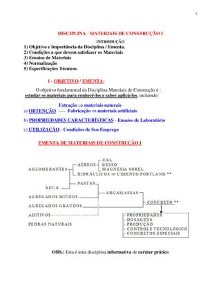 3
DISCIPLINA : MATERIAIS DE CONSTRUÇÃO I
INTRODUÇÃO
1) Objetivo e Importância da Disciplina / Ementa.
2) Condições a que devem satisfazer os Materiais
3) Ensaios de Materiais
4) Normalização
5) Especificações Técnicas
1 - OBJETIVO / EMENTA:
O objetivo fundamental da Disciplina Materiais de Construção é :
estudar os materiais para conhecê-los e saber aplicá-los, incluindo:
Extração materiais naturais
a) OBTENÇÃO Fabricação materiais artificiais
b) PROPRIEDADES CARACTERÍSTICAS - Ensaios de Laboratório
c) UTILIZAÇÃO - Condições de Seu Emprego
EMENTA DE MATERIAIS DE CONSTRUÇÃO I
OBS.: Esta é uma disciplina informativa de caráter prático
 