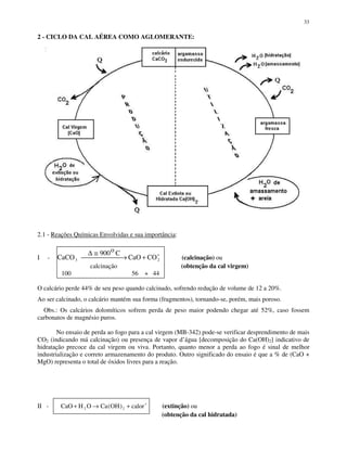 33
2 - CICLO DA CAL AÉREA COMO AGLOMERANTE:
2.1 - Reações Químicas Envolvidas e sua importância:
I - CaCO
o C
CaO CO3 2
900∆ ≅
 → + ′ (calcinação) ou
calcinação (obtenção da cal virgem)
100 56 + 44
O calcário perde 44% de seu peso quando calcinado, sofrendo redução de volume de 12 a 20%.
Ao ser calcinado, o calcário mantém sua forma (fragmentos), tornando-se, porém, mais poroso.
Obs.: Os calcários dolomíticos sofrem perda de peso maior podendo chegar até 52%, caso fossem
carbonatos de magnésio puros.
No ensaio de perda ao fogo para a cal virgem (MB-342) pode-se verificar desprendimento de mais
CO2 (indicando má calcinação) ou presença de vapor d’água [decomposição do Ca(OH)2] indicativo de
hidratação precoce da cal virgem ou viva. Portanto, quanto menor a perda ao fogo é sinal de melhor
industrialização e correto armazenamento do produto. Outro significado do ensaio é que a % de (CaO +
MgO) representa o total de óxidos livres para a reação.
II - CaO H O Ca OH calor+ → + ′2 2( ) (extinção) ou
(obtenção da cal hidratada)
 