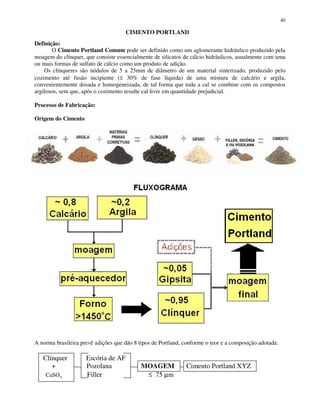 40
CIMENTO PORTLAND
Definição:
O Cimento Portland Comum pode ser definido como um aglomerante hidráulico produzido pela
moagem do clínquer, que consiste essencialmente de silicatos de cálcio hidráulicos, usualmente com uma
ou mais formas de sulfato de cálcio como um produto de adição.
Os clínqueres são nódulos de 5 a 25mm de diâmetro de um material sinterizado, produzido pelo
cozimento até fusão incipiente (± 30% de fase líquida) de uma mistura de calcário e argila,
convenientemente dosada e homogeneizada, de tal forma que toda a cal se combine com os compostos
argilosos, sem que, após o cozimento resulte cal livre em quantidade prejudicial.
Processo de Fabricação:
Origem do Cimento
A norma brasileira prevê adições que dão 8 tipos de Portland, conforme o teor e a composição adotada:
Clínquer Escória de AF
+ Pozolana MOAGEM Cimento Portland XYZ
CaSO4 Filler ≤ 75 µm
 