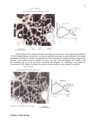 48
O fluxo térmico fica consideravelmente mais lento, mas nunca pára. Uma pequena quantidade de
C-S-H é formada durante esse período e, se existe o equilíbrio certo entre os íons de alumínio e de sulfato,
quantidades reduzidas de etringita e de aluminato de cálcio hidratado são também formadas. Durante esse
período, a fase aquosa torna-se saturada em Ca++, mas não existe precipitação de Ca(OH)2, mais
provavelmente por causa de sua baixa velocidade de formação em comparação com aquela do
concorrente C-S-H. Alguma floculação dos grãos de cimento também ocorre durante este período.
Estágio 3 - Início da Pega
 