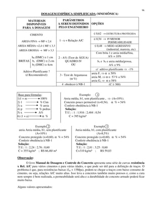 96
DOSAGEM EMPÍRICA SIMPLIFICADA (MNEMÔNICA)
MATERIAIS
DISPONÍVEIS
PARA A DOSAGEM
PARÂMETROS
A SEREM DEFINIDOS
PELO ENGENHEIRO
OPÇÕES
≤ 0,62 → ESTRUTURA PROTEGIDA
≅ 0,54 → P/ MENOR
PERMEABILIDADE
1 - x = Relação A/C
≤ 0,48 → MEIO AGRESSIVO
(industrial, maresia, etc)
Com brita 1 e areia média/fina,
A% = 10%
b1 e b2 e areia média/grossa,
A% ≅ 9%
2 - A% (Teor de ÁGUA)
QUADRO IV
OU
c/ aditivo plastificante -1%
3 - Teor de Argamassa
(α %)
areia F, α ≅ 50%
areia M, α ≅ 53 % a 54%
areia G, α ≅ 58%
CIMENTO
AREIA FINA → MF < 2,4
AREIA MÉDIA→2,4 ≤ MF ≤ 3,3
AREIA GROSSA → MF > 3,3
b0 (DMC) ≅ 1 cm
BRITAS b1 (DMC) ≅ 2 cm
b2 (DMC) ≅ 4cm
Aditivo Plastificante ?
(é Recomendável)
4 obedecer à NB-1 (C ≥ 300)
Base para fórmulas: Exemplo: 1
1)1 + m 100% Areia média, b1, sem plastificante , (A=10%).
2) 1 % Cim Concreto pouco permeável (x=0,54). α % = 54%
3) a % areia Conferir obediência à NB-1
4) p % pedras Solução:
5) x A% T.U.: : 1 : 1,916 : 2,484 : 0,54
6) (1 + a) α % C = 395 kg/m³
Exemplo 2 Exemplo 3
areia Areia média, b1, sem plastificante Areia média, b1, com plastificante
(A=10%) (A=8,5%)
Concreto protegido (x=0,60). α % = 54% Concreto protegido (x=0,60). α % = 54%
Conferir obediência à NB-1 Conferir obediência à NB-1
Solução: Solução:
T.U.: 1 : 2,24 : 2,76 : 0,60 T.U.: 1 : 2,81 : 3,25 : 0,60
C = 355 kg/m³ ; R$ 66,40/ m³ C=310 kg/m³ ; R$ 59,03
Observação:
O livro Manual de Dosagem e Controle do Concreto apresenta uma série de curvas resistência
x Rel. A/C para vários cimentos e para várias idades, o que pode ser útil para a definição de traços. O
problema é que, para resistências baixas (fck < 15Mpa), podem-se chegar a traços com baixo consumo de
cimento, ou seja, relações A/C muito altas. Isso leva a concretos também muito porosos e, como a cura
nem sempre é bem realizada, a permeabilidade será alta e a durabilidade do concreto armado poderá ficar
muito baixa.
Alguns valores apresentados:
 