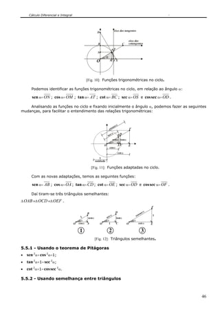 Cálculo Diferencial e Integral
46
A
P
O
α
N
M S
D
C
eixo das
cotangentesB
T
eixo das tangentes
[Fig. 10]: Funções trigonométricas no ciclo.
Podemos identificar as funções trigonométricas no ciclo, em relação ao ângulo α:
sen α=ON ; cosα=OM ; tanα= AT ; cot α= BC ; sec α=OS e seccos α=OD .
Analisando as funções no ciclo e fixando inicialmente o ângulo α, podemos fazer as seguintes
mudanças, para facilitar o entendimento das relações trigonométricas:
C
B
O
α
A E
F
D
cosα
cotα
tanαsenα
secα
cossecα
1
unidade
[Fig. 11]: Funções adaptadas no ciclo.
Com as novas adaptações, temos as seguintes funções:
sen α= AB ; cosα=OA; tanα=CD ; cot α=OE ; sec α=OD e seccos α=OF .
Daí tiram-se três triângulos semelhantes:
ΔOAB ≡ΔOCD ≡ΔOEF .
CO
α
D
tanαsecα
B
O
α
Acosα
senα1
1 O
α
E
F
cotα
cossecα
1
21 3
[Fig. 12]: Triângulos semelhantes.
5.5.1 - Usando o teorema de Pitágoras
• sen 2
α+cos2
α=1;
• tan2
α+1=sec 2
α;
• cot 2
α+1= seccos 2
α.
5.5.2 - Usando semelhança entre triângulos
 