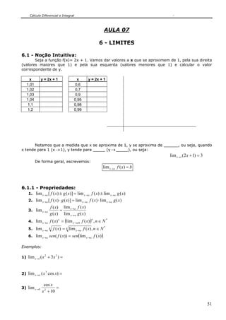 Cálculo Diferencial e Integral
51
AULA 07
6 - LIMITES
6.1 - Noção Intuitiva:
Seja a função f(x)= 2x + 1. Vamos dar valores a x que se aproximem de 1, pela sua direita
(valores maiores que 1) e pela sua esquerda (valores menores que 1) e calcular o valor
correspondente de y.
x y = 2x + 1 x y = 2x + 1
1,01 0,6
1,02 0,7
1,03 0,9
1,04 0,95
1,1 0,98
1,2 0,99
Notamos que a medida que x se aproxima de 1, y se aproxima de ______, ou seja, quando
x tende para 1 (x →1), y tende para _____ (y→_____), ou seja:
3)12(lim 1 =+→ xx
De forma geral, escrevemos:
bxfax =→ )(lim
6.1.1 - Propriedades:
1. )(lim)(lim)]()([lim xgxfxgxf axaxax →→→ ±=±
2. )(lim)(lim)]()([lim xgxfxgxf axaxax →→→ ⋅=⋅
3.
)(lim
)(lim
)(
)(
lim
xg
xf
xg
xf
ax
ax
ax
→
→
→ =
4. ( ) *
0 ,)(lim)(lim Nnxfxf
n
ax
n
ax ∈= →→
5.
*
,)(lim)(lim Nnxfxf n
ax
n
ax ∈= →→
6. ( ))(lim))((lim xfsenxfsen axax →→ =
Exemplos:
1) =+→ )3(lim 32
1 xxx
2) =→ )cos(lim 3
xxx π
3) =
+
→
10
cos
lim 20
x
x
x
 