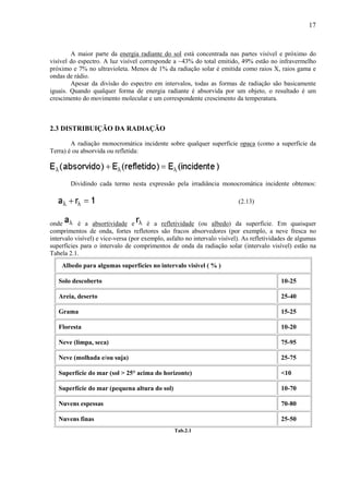 17



        A maior parte da energia radiante do sol está concentrada nas partes visível e próximo do
visível do espectro. A luz visível corresponde a ~43% do total emitido, 49% estão no infravermelho
próximo e 7% no ultravioleta. Menos de 1% da radiação solar é emitida como raios X, raios gama e
ondas de rádio.
        Apesar da divisão do espectro em intervalos, todas as formas de radiação são basicamente
iguais. Quando qualquer forma de energia radiante é absorvida por um objeto, o resultado é um
crescimento do movimento molecular e um correspondente crescimento da temperatura.



2.3 DISTRIBUIÇÃO DA RADIAÇÃO

        A radiação monocromática incidente sobre qualquer superfície opaca (como a superfície da
Terra) é ou absorvida ou refletida:




        Dividindo cada termo nesta expressão pela irradiância monocromática incidente obtemos:

                                                                          (2.13)


onde       é a absortividade e         é a refletividade (ou albedo) da superfície. Em quaisquer
comprimentos de onda, fortes refletores são fracos absorvedores (por exemplo, a neve fresca no
intervalo visível) e vice-versa (por exemplo, asfalto no intervalo visível). As refletividades de algumas
superfícies para o intervalo de comprimentos de onda da radiação solar (intervalo visível) estão na
Tabela 2.1.
    Albedo para algumas superfícies no intervalo visível ( % )

   Solo descoberto                                                                         10-25

   Areia, deserto                                                                          25-40

   Grama                                                                                   15-25

   Floresta                                                                                10-20

   Neve (limpa, seca)                                                                      75-95

   Neve (molhada e/ou suja)                                                                25-75

   Superfície do mar (sol > 25° acima do horizonte)                                        <10

   Superfície do mar (pequena altura do sol)                                               10-70

   Nuvens espessas                                                                         70-80

   Nuvens finas                                                                            25-50
                                                 Tab.2.1
 