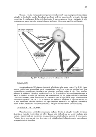 19



        Quando o raio das partículas é maior que aproximadamente 8 vezes o comprimento de onda da
radiação, a distribuição angular da radiação espalhada pode ser descrita pelos princípios da ótica
geométrica. O espalhamento de luz visível por gotas de nuvens, gotas de chuva e partículas de gelo
pertence a este regime e produz uma variedade de fenômenos óticos como arco íris, auréolas, etc.




                        Fig. 2.10 - Distribuição percentual da radiação solar incidente


     b) REFLEXÃO

        Aproximadamente 30% da energia solar é refletida de volta para o espaço (Fig. 2.10). Neste
número está incluída a quantidade que é retroespalhada. A reflexão ocorre na interface entre dois
meios diferentes, quando parte da radiação que atinge esta interface é enviada de volta. Nesta interface
o ângulo de incidência é igual ao ângulo de reflexão (lei da reflexão). Conforme já mencionamos, a
fração da radiação incidente que é refletida por uma superfície é o seu albedo. Portanto, o albedo da
Terra como um todo (albedo planetário) é 30%. O albedo varia no espaço e no tempo, dependendo da
natureza da superfície (ver Tab. 2.1) e da altura do Sol. Dentro da atmosfera, os topos das nuvens são
os mais importantes refletores. O albedo dos topos de nuvens depende de sua espessura, variando de
menos de 40% para nuvens finas (menos de 50m) a 80% para nuvens espessas (mais de 5000m).

     c) ABSORÇÃO NA ATMOSFERA

        O espalhamento e a reflexão simplesmente mudam a direção da radiação. Contudo, através da
absorção, a radiação é convertida em calor. Quando uma molécula de gás absorve radiação esta
energia é transformada em movimento molecular interno, detectável como aumento de temperatura.
Portanto, são os gases que são bons absorvedores da radiação disponível que tem papel preponderante
no aquecimento da atmosfera.
 