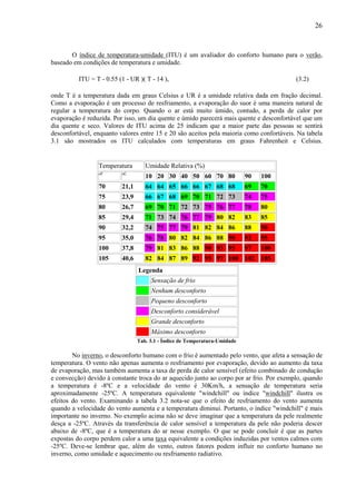 26



       O índice de temperatura-umidade (ITU) é um avaliador do conforto humano para o verão,
baseado em condições de temperatura e umidade.

          ITU = T - 0.55 (1 - UR )( T - 14 ),                                             (3.2)

onde T é a temperatura dada em graus Celsius e UR é a umidade relativa dada em fração decimal.
Como a evaporação é um processo de resfriamento, a evaporação do suor é uma maneira natural de
regular a temperatura do corpo. Quando o ar está muito úmido, contudo, a perda de calor por
evaporação é reduzida. Por isso, um dia quente e úmido parecerá mais quente e desconfortável que um
dia quente e seco. Valores de ITU acima de 25 indicam que a maior parte das pessoas se sentirá
desconfortável, enquanto valores entre 15 e 20 são aceitos pela maioria como confortáveis. Na tabela
3.1 são mostrados os ITU calculados com temperaturas em graus Fahrenheit e Celsius.


                 Temperatura        Umidade Relativa (%)
                 oF       oC
                                    10 20 30 40 50 60 70 80                 90   100
                 70       21,1      64 64 65 66 66 67 68 68                 69   70
                 75       23,9      66 67 68 69 70 71 72 73                 74   75
                 80       26,7      69 70 71 72 73 75 76 77                 78   80
                 85       29,4      71 73 74 76 77 79 80 82                 83   85
                 90       32,2      74 75 77 79 81 82 84 86                 88   90
                 95       35,0      76 78 80 82 84 86 88 90                 92   95
                 100      37,8      79 81 83 86 88 90 93 95                 97   100
                 105      40,6      82 84 87 89 92 95 97 100 102 105
                                 Legenda
                                      Sensação de frio
                                      Nenhum desconforto
                                      Pequeno desconforto
                                      Desconforto considerável
                                      Grande desconforto
                                      Máximo desconforto
                                 Tab. 3.1 - Índice de Temperatura-Umidade

        No inverno, o desconforto humano com o frio é aumentado pelo vento, que afeta a sensação de
temperatura. O vento não apenas aumenta o resfriamento por evaporação, devido ao aumento da taxa
de evaporação, mas também aumenta a taxa de perda de calor sensível (efeito combinado de condução
e convecção) devido à constante troca do ar aquecido junto ao corpo por ar frio. Por exemplo, quando
a temperatura é -8ºC e a velocidade do vento é 30Km/h, a sensação de temperatura seria
aproximadamente -25ºC. A temperatura equivalente "windchill" ou índice "windchill" ilustra os
efeitos do vento. Examinando a tabela 3.2 nota-se que o efeito de resfriamento do vento aumenta
quando a velocidade do vento aumenta e a temperatura diminui. Portanto, o índice "windchill" é mais
importante no inverno. No exemplo acima não se deve imaginar que a temperatura da pele realmente
desça a -25ºC. Através da transferência de calor sensível a temperatura da pele não poderia descer
abaixo de -8ºC, que é a temperatura do ar nesse exemplo. O que se pode concluir é que as partes
expostas do corpo perdem calor a uma taxa equivalente a condições induzidas por ventos calmos com
-25ºC. Deve-se lembrar que, além do vento, outros fatores podem influir no conforto humano no
inverno, como umidade e aquecimento ou resfriamento radiativo.
 