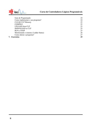 Curso de Controladores Lógicos Programáveis

       Guia de Programação                                                      24
       Como implementar o seu programa?                                         24
       CLEAR CLP Memory                                                         25
       COMPILE                                                                  25
       UPLOAD from CLP                                                          25
       DOWNLOAD to CLP                                                          25
       RUN e STOP                                                               25
       Monitorando o sistema ( Ladder Status)                                   26
       Como alterar o programa?                                                 27
7. Exercícios                                                                   29




 ii
 