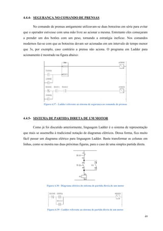 49 
4.4.4- SEGURANÇA NO COMANDO DE PRENSAS 
No comando de prensas antigamente utilizavam-se duas botoeiras em série para evitar que o operador estivesse com uma mão livre ao acionar a mesma. Entretanto eles começaram a prender um dos botões com um peso, tornando a estratégia ineficaz. Nos comandos modernos faz-se com que as botoeiras devam ser acionadas em um intervalo de tempo menor que 3s, por exemplo, caso contrário a prensa não aciona. O programa em Ladder para acionamento é mostrado na figura abaixo: 
Figura 4.37 - Ladder referente ao sistema de segurança no comando de prensas 
4.4.5- SISTEMA DE PARTIDA DIRETA DE UM MOTOR 
Como já foi discutido anteriormente, linguagem Ladder é o sistema de representação que mais se assemelha à tradicional notação de diagramas elétricos. Dessa forma, fica muito fácil passar um diagrama elétrico para linguagem Ladder. Basta transformar as colunas em linhas, como se mostra nas duas próximas figuras, para o caso de uma simples partida direta. 
Figura 4.38 - Diagrama elétrico do sistema de partida direta de um motor 
Figura 4.39 - Ladder referente ao sistema de partida direta de um motor  