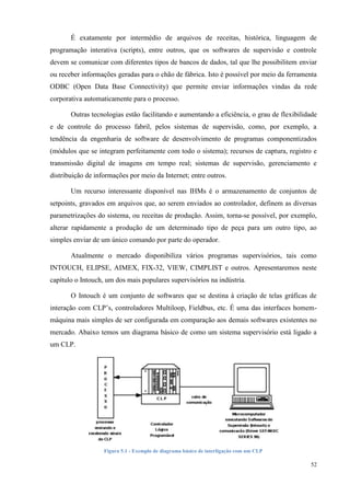 52 
É exatamente por intermédio de arquivos de receitas, histórica, linguagem de programação interativa (scripts), entre outros, que os softwares de supervisão e controle devem se comunicar com diferentes tipos de bancos de dados, tal que lhe possibilitem enviar ou receber informações geradas para o chão de fábrica. Isto é possível por meio da ferramenta ODBC (Open Data Base Connectivity) que permite enviar informações vindas da rede corporativa automaticamente para o processo. 
Outras tecnologias estão facilitando e aumentando a eficiência, o grau de flexibilidade e de controle do processo fabril, pelos sistemas de supervisão, como, por exemplo, a tendência da engenharia de software de desenvolvimento de programas componentizados (módulos que se integram perfeitamente com todo o sistema); recursos de captura, registro e transmissão digital de imagens em tempo real; sistemas de supervisão, gerenciamento e distribuição de informações por meio da Internet; entre outros. 
Um recurso interessante disponível nas IHMs é o armazenamento de conjuntos de setpoints, gravados em arquivos que, ao serem enviados ao controlador, definem as diversas parametrizações do sistema, ou receitas de produção. Assim, torna-se possível, por exemplo, alterar rapidamente a produção de um determinado tipo de peça para um outro tipo, ao simples enviar de um único comando por parte do operador. 
Atualmente o mercado disponibiliza vários programas supervisórios, tais como INTOUCH, ELIPSE, AIMEX, FIX-32, VIEW, CIMPLIST e outros. Apresentaremos neste capítulo o Intouch, um dos mais populares supervisórios na indústria. 
O Intouch é um conjunto de softwares que se destina à criação de telas gráficas de interação com CLP‟s, controladores Multiloop, Fieldbus, etc. É uma das interfaces homem- máquina mais simples de ser configurada em comparação aos demais softwares existentes no mercado. Abaixo temos um diagrama básico de como um sistema supervisório está ligado a um CLP. 
Figura 5.1 - Exemplo de diagrama básico de interligação com um CLP  