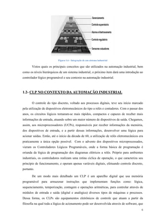 6 
Figura 1.6 - Integração de um sistema industrial 
Vistos quais os principais conceitos que são utilizados na automação industrial, bem como os níveis hierárquicos de um sistema industrial, o próximo item dará uma introdução ao controlador lógico programável e seu contexto na automação industrial. 
1.2- CLP NO CONTEXTO DA AUTOMAÇÃO INDUSTRIAL 
O controle do tipo discreto, voltado aos processos digitais, teve seu início marcado pela utilização de dispositivos eletromecânicos do tipo a relés e contadores. Com o passar dos anos, os circuitos lógicos tornaram-se mais rápidos, compactos e capazes de receber mais informações de entrada, atuando sobre um maior número de dispositivos de saída. Chegamos, assim, aos microprocessadores (UCPs), responsáveis por receber informações da memória, dos dispositivos de entrada, e a partir dessas informações, desenvolver uma lógica para acionar saídas. Então, até o início da década de 60, a utilização de relés eletromecânicos era praticamente a única opção possível. Com o advento dos dispositivos microprocessados, vieram os Controladores Lógicos Programáveis, onde a forma básica de programação é oriunda da lógica de programação dos diagramas elétricos a relés. Próprio para ambientes industriais, os controladores realizam uma rotina cíclica de operação, o que caracteriza seu princípio de funcionamento, e operam apenas variáveis digitais, efetuando controle discreto, portanto. 
De um modo mais detalhado um CLP é um aparelho digital que usa memória programável para armazenar instruções que implementam funções como: lógica, sequenciamento, temporização, contagem e operações aritméticas, para controlar através de módulos de entrada e saída (digital e analógica) diversos tipos de máquinas e processos. Dessa forma, os CLPs são equipamentos eletrônicos de controle que atuam a partir da filosofia na qual toda a lógica de acionamento pode ser desenvolvida através de software, que  