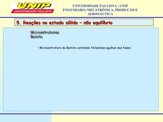 UNIVERSIDADE PAULISTA - UNIP
ENGENHARIA MECATRÔNICA, PRODUÇÃO E
AERONÁUTICA
• Microestrutura da Bainita contendo finíssimas agulhas das fases
Microestruturas:
Bainita
Microestruturas:
Bainita
5. Reações no estado sólido – não equilíbrio5. Reações no estado sólido – não equilíbrio
 