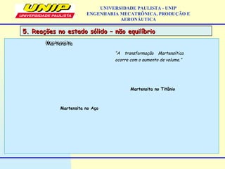 UNIVERSIDADE PAULISTA - UNIP
ENGENHARIA MECATRÔNICA, PRODUÇÃO E
AERONÁUTICA
“A transformação Martensítica
ocorre com o aumento de volume.”
MartensitaMartensita
Martensita no Titânio
Martensita no Aço
5. Reações no estado sólido – não equilíbrio5. Reações no estado sólido – não equilíbrio
 
