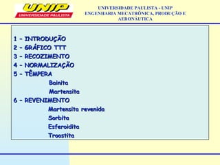 1 – INTRODUÇÃO1 – INTRODUÇÃO
2 – GRÁFICO TTT2 – GRÁFICO TTT
3 – RECOZIMENTO3 – RECOZIMENTO
4 – NORMALIZAÇÃO4 – NORMALIZAÇÃO
5 – TÊMPERA5 – TÊMPERA
BainitaBainita
MartensitaMartensita
6 – REVENIMENTO6 – REVENIMENTO
Martensita revenidaMartensita revenida
SorbitaSorbita
EsferoiditaEsferoidita
TroostitaTroostita
UNIVERSIDADE PAULISTA - UNIP
ENGENHARIA MECATRÔNICA, PRODUÇÃO E
AERONÁUTICA
 