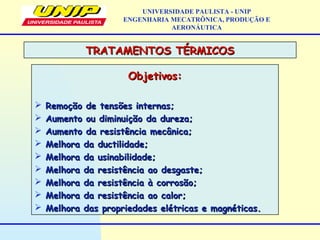 Objetivos:Objetivos:
 Remoção de tensões internas;Remoção de tensões internas;
 Aumento ou diminuição da dureza;Aumento ou diminuição da dureza;
 Aumento da resistência mecânica;Aumento da resistência mecânica;
 Melhora da ductilidade;Melhora da ductilidade;
 Melhora da usinabilidade;Melhora da usinabilidade;
 Melhora da resistência ao desgaste;Melhora da resistência ao desgaste;
 Melhora da resistência à corrosão;Melhora da resistência à corrosão;
 Melhora da resistência ao calor;Melhora da resistência ao calor;
 Melhora das propriedades elétricas e magnéticas.Melhora das propriedades elétricas e magnéticas.
TRATAMENTOS TÉRMICOSTRATAMENTOS TÉRMICOS
UNIVERSIDADE PAULISTA - UNIP
ENGENHARIA MECATRÔNICA, PRODUÇÃO E
AERONÁUTICA
 