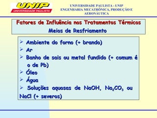  Ambiente do forno (+ brando)Ambiente do forno (+ brando)
 ArAr
 Banho de sais ou metal fundido (+ comum éBanho de sais ou metal fundido (+ comum é
o de Pb)o de Pb)
 ÓleoÓleo
 ÁguaÁgua
 Soluções aquosas de NaOH, NaSoluções aquosas de NaOH, Na22COCO33 ouou
NaCl (+ severos)NaCl (+ severos)
Fatores de Influência nos Tratamentos TérmicosFatores de Influência nos Tratamentos Térmicos
Meios de ResfriamentoMeios de Resfriamento
UNIVERSIDADE PAULISTA - UNIP
ENGENHARIA MECATRÔNICA, PRODUÇÃO E
AERONÁUTICA
 