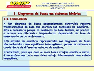1.4. EQUILIBRIO1.4. EQUILIBRIO
• Um diagrama de fases adequadamente construído registraUm diagrama de fases adequadamente construído registra
transformações de fase que ocorrem sob condições detransformações de fase que ocorrem sob condições de equilíbrioequilíbrio..
Isto é necessário porque as mudanças de fase tendem, na prática,Isto é necessário porque as mudanças de fase tendem, na prática,
a ocorrer em diferentes temperaturas, dependendo da taxa dea ocorrer em diferentes temperaturas, dependendo da taxa de
aquecimento ou de resfriamento.aquecimento ou de resfriamento.
•Os estados de equilíbrio representados nos diagramas de fasesOs estados de equilíbrio representados nos diagramas de fases
são conhecidos comosão conhecidos como equilíbrios heterogêneosequilíbrios heterogêneos, porque se referem à, porque se referem à
coexistência de diferentes estados da matéria.coexistência de diferentes estados da matéria.
•Entretanto, para que duas ou mais fases atinjam equilíbrio mútuo,Entretanto, para que duas ou mais fases atinjam equilíbrio mútuo,
é necessário que cada uma delas esteja internamente num estadoé necessário que cada uma delas esteja internamente num estado
homogêneo.homogêneo.
1. Diagramas de fases em sistemas binários1. Diagramas de fases em sistemas binários
UNIVERSIDADE PAULISTA - UNIP
ENGENHARIA MECATRÔNICA, PRODUÇÃO E
AERONÁUTICA
 