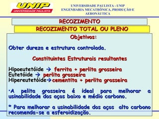 Objetivos:Objetivos:
Obter dureza e estrutura controlada.Obter dureza e estrutura controlada.
Constituintes Estruturais resultantesConstituintes Estruturais resultantes
HipoeutetóideHipoeutetóide  ferrita + perlita grosseiraferrita + perlita grosseira
EutetóideEutetóide  perlita grosseiraperlita grosseira
HipereutetóideHipereutetóidecementita + perlita grosseiracementita + perlita grosseira
•A pelita grosseira é ideal para melhorar aA pelita grosseira é ideal para melhorar a
usinabilidade dos aços baixo e médio carbono.usinabilidade dos aços baixo e médio carbono.
* Para melhorar a usinabilidade dos aços alto carbono* Para melhorar a usinabilidade dos aços alto carbono
recomenda-se a esferoidização.recomenda-se a esferoidização.
UNIVERSIDADE PAULISTA - UNIP
ENGENHARIA MECATRÔNICA, PRODUÇÃO E
AERONÁUTICA
RECOZIMENTORECOZIMENTO
RECOZIMENTO TOTAL OU PLENORECOZIMENTO TOTAL OU PLENO
 