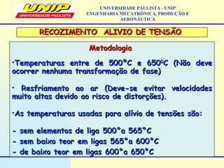 MetodologiaMetodologia
•Temperaturas entre de 500ºC e 650Temperaturas entre de 500ºC e 65000
C (Não deveC (Não deve
ocorrer nenhuma transformação de fase)ocorrer nenhuma transformação de fase)
• Resfriamento ao ar (Deve-se evitar velocidadesResfriamento ao ar (Deve-se evitar velocidades
muito altas devido ao risco de distorções).muito altas devido ao risco de distorções).
•As temperaturas usadas para alívio de tensões são:As temperaturas usadas para alívio de tensões são:
- sem elementos de liga 500°a 565°C- sem elementos de liga 500°a 565°C
- sem baixo teor em ligas 565°a 600°C- sem baixo teor em ligas 565°a 600°C
- de baixo teor em ligas 600°a 650°C- de baixo teor em ligas 600°a 650°C
UNIVERSIDADE PAULISTA - UNIP
ENGENHARIA MECATRÔNICA, PRODUÇÃO E
AERONÁUTICA
RECOZIMENTO ALIVIO DE TENSÃORECOZIMENTO ALIVIO DE TENSÃO
 