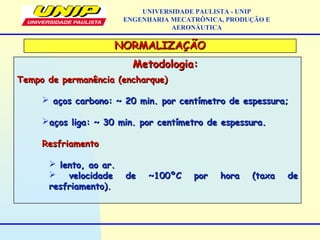 NORMALIZAÇÃONORMALIZAÇÃO
UNIVERSIDADE PAULISTA - UNIP
ENGENHARIA MECATRÔNICA, PRODUÇÃO E
AERONÁUTICA
Metodologia:Metodologia:
Tempo de permanência (encharque)Tempo de permanência (encharque)
 aços carbono: ~ 20 min. por centímetro de espessura;aços carbono: ~ 20 min. por centímetro de espessura;
aços liga: ~ 30 min. por centímetro de espessura.aços liga: ~ 30 min. por centímetro de espessura.
ResfriamentoResfriamento
 lento, ao ar.lento, ao ar.
 velocidade de ~100ºC por hora (taxa develocidade de ~100ºC por hora (taxa de
resfriamento).resfriamento).
 