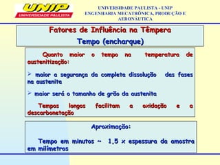 Quanto maior o tempo na temperatura deQuanto maior o tempo na temperatura de
austenitização:austenitização:
 maior a segurança da completa dissoluçãomaior a segurança da completa dissolução das fasesdas fases
na austenitana austenita
 maior será o tamanho de grão da austenitamaior será o tamanho de grão da austenita
Tempos longos facilitam a oxidação e aTempos longos facilitam a oxidação e a
descarbonetaçãodescarbonetação
Fatores de Influência na TêmperaFatores de Influência na Têmpera
Tempo (encharque)Tempo (encharque)
UNIVERSIDADE PAULISTA - UNIP
ENGENHARIA MECATRÔNICA, PRODUÇÃO E
AERONÁUTICA
Aproximação:Aproximação:
Tempo em minutos ~ 1,5 x espessura da amostraTempo em minutos ~ 1,5 x espessura da amostra
em milímetrosem milímetros
 