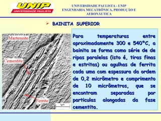  BAINITA SUPERIORBAINITA SUPERIOR
Para temperaturas entrePara temperaturas entre
aproximadamente 300 e 540ºC, aaproximadamente 300 e 540ºC, a
bainita se forma como série de debainita se forma como série de de
ripas paralelas (isto é, tiras finasripas paralelas (isto é, tiras finas
e estritas) ou agulhas de ferritae estritas) ou agulhas de ferrita
cada uma com espessura da ordemcada uma com espessura da ordem
de 0,2 micrômetro e comprimentode 0,2 micrômetro e comprimento
de 10 micrômetros, que sede 10 micrômetros, que se
encontram separadas porencontram separadas por
particulas alongadas da faseparticulas alongadas da fase
cementita.cementita.
UNIVERSIDADE PAULISTA - UNIP
ENGENHARIA MECATRÔNICA, PRODUÇÃO E
AERONÁUTICA
 