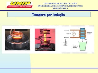 Tempera por induçãoTempera por indução
UNIVERSIDADE PAULISTA - UNIP
ENGENHARIA MECATRÔNICA, PRODUÇÃO E
AERONÁUTICA
 