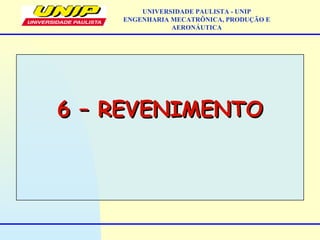 6 – REVENIMENTO6 – REVENIMENTO
UNIVERSIDADE PAULISTA - UNIP
ENGENHARIA MECATRÔNICA, PRODUÇÃO E
AERONÁUTICA
 