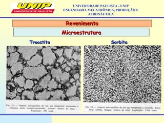 RevenimentoRevenimento
MicroestruturaMicroestrutura
UNIVERSIDADE PAULISTA - UNIP
ENGENHARIA MECATRÔNICA, PRODUÇÃO E
AERONÁUTICA
TroostitaTroostita SorbitaSorbita
 