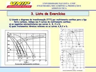 3. Lista de Exercícios3. Lista de Exercícios
UNIVERSIDADE PAULISTA - UNIP
ENGENHARIA MECATRÔNICA, PRODUÇÃO E
AERONÁUTICA
1) Usando o diagrama de transformação (TTT) por resfriamento contínuo para a liga1) Usando o diagrama de transformação (TTT) por resfriamento contínuo para a liga
ferro-carbono, indique nas 4 curvas de resfriamento contínuo:ferro-carbono, indique nas 4 curvas de resfriamento contínuo:
a) as seguintes microestruturas nas curvas A, B, C e D;a) as seguintes microestruturas nas curvas A, B, C e D;
b) quais tratamentos térmicos referem-se as curvas A,B,C e D.b) quais tratamentos térmicos referem-se as curvas A,B,C e D.
 
