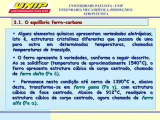 3.1. O equilíbrio ferro-carbono3.1. O equilíbrio ferro-carbono
UNIVERSIDADE PAULISTA - UNIP
ENGENHARIA MECATRÔNICA, PRODUÇÃO E
AERONÁUTICA
• Alguns elementos químicos apresentamAlguns elementos químicos apresentam variedades alotrópicasvariedades alotrópicas,,
isto é, estruturas cristalinas diferentes que passam de umaisto é, estruturas cristalinas diferentes que passam de uma
para outra em determinadas temperaturas, chamadaspara outra em determinadas temperaturas, chamadas
temperaturas de transiçãotemperaturas de transição..
• O ferro apresenta 3 variedades, conforme a seguir descrito.O ferro apresenta 3 variedades, conforme a seguir descrito.
Ao se solidificar (temperatura de aproximadamente 1540°C), oAo se solidificar (temperatura de aproximadamente 1540°C), o
ferro apresenta estrutura cúbica de corpo centrado, chamadaferro apresenta estrutura cúbica de corpo centrado, chamada
dede ferro deltaferro delta (Fe(Fe δδ).).
• Permanece nesta condição até cerca de 1390ºC e, abaixoPermanece nesta condição até cerca de 1390ºC e, abaixo
desta, transforma-se emdesta, transforma-se em ferro gamaferro gama (Fe(Fe γγ),), com estruturacom estrutura
cúbica de face centrada. Abaixo de 912°C, readquire acúbica de face centrada. Abaixo de 912°C, readquire a
estrutura cúbica de corpo centrado, agora chamada deestrutura cúbica de corpo centrado, agora chamada de ferroferro
alfaalfa (Fe(Fe αα).).
 
