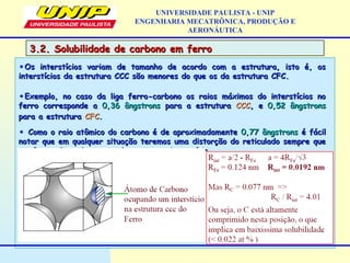 3.2. Solubilidade de carbono em ferro3.2. Solubilidade de carbono em ferro
UNIVERSIDADE PAULISTA - UNIP
ENGENHARIA MECATRÔNICA, PRODUÇÃO E
AERONÁUTICA
•Os interstícios variam de tamanho de acordo com a estrutura, isto é, osOs interstícios variam de tamanho de acordo com a estrutura, isto é, os
interstícios da estrutura CCC são menores do que os da estrutura CFC.interstícios da estrutura CCC são menores do que os da estrutura CFC.
•Exemplo, no caso da liga ferro-carbono os raios máximos do interstícios noExemplo, no caso da liga ferro-carbono os raios máximos do interstícios no
ferro corresponde aferro corresponde a 0,36 ângstrons0,36 ângstrons para a estruturapara a estrutura CCCCCC, e, e 0,52 ângstrons0,52 ângstrons
para a estruturapara a estrutura CFCCFC..
• Como o raio atômico do carbono é de aproximadamenteComo o raio atômico do carbono é de aproximadamente 0,77 ângstrons0,77 ângstrons é fácilé fácil
notar que em qualquer situação teremos uma distorção do reticulado sempre quenotar que em qualquer situação teremos uma distorção do reticulado sempre que
um átomo de carbono se colocar em um interstícioum átomo de carbono se colocar em um interstício
• Isto significa que de acordo com o tamanho do interstício teremos um menorIsto significa que de acordo com o tamanho do interstício teremos um menor
ou maior espaço disponível para que um átomo de uma solução intersticial venhaou maior espaço disponível para que um átomo de uma solução intersticial venha
se colocar naquela posição.se colocar naquela posição.
 