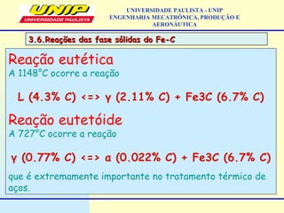 UNIVERSIDADE PAULISTA - UNIP
ENGENHARIA MECATRÔNICA, PRODUÇÃO E
AERONÁUTICA
3.6.Reações das fase sólidas do Fe-C3.6.Reações das fase sólidas do Fe-C
Reação eutética
A 1148°C ocorre a reação
L (4.3% C) <=> γ (2.11% C) + Fe3C (6.7% C)
Reação eutetóide
A 727°C ocorre a reação
γ (0.77% C) <=> α (0.022% C) + Fe3C (6.7% C)
que é extremamente importante no tratamento térmico de
aços.
 