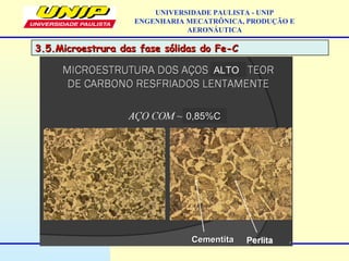 3.5.Microestrura das fase sólidas do Fe-C3.5.Microestrura das fase sólidas do Fe-C
UNIVERSIDADE PAULISTA - UNIP
ENGENHARIA MECATRÔNICA, PRODUÇÃO E
AERONÁUTICA
CementitaCementita
0,85%C0,85%C
ALTO
 