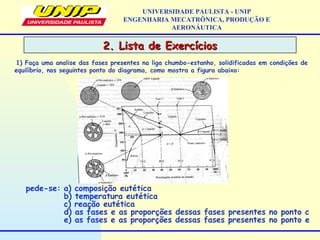 2. Lista de Exercícios2. Lista de Exercícios
UNIVERSIDADE PAULISTA - UNIP
ENGENHARIA MECATRÔNICA, PRODUÇÃO E
AERONÁUTICA
1) Faça uma analise das fases presentes na liga chumbo-estanho, solidificadas em condições de
equilíbrio, nos seguintes ponto do diagrama, como mostra a figura abaixo:
pede-se: a) composição eutética
b) temperatura eutética
c) reação eutética
d) as fases e as proporções dessas fases presentes no ponto c
e) as fases e as proporções dessas fases presentes no ponto e
 