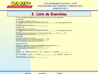 2. Lista de Exercícios2. Lista de Exercícios
UNIVERSIDADE PAULISTA - UNIP
ENGENHARIA MECATRÔNICA, PRODUÇÃO E
AERONÁUTICA
5) Com auxilio do diagrama do exercício anterior (ex 4), responda:
Ferrita (α):
a) estrutura cúbica existente:______________
b) solubilidade máxima de carbono (teor %): ________% até temperatura de
_____0
C
c) propriedades mecânicas:_______________
Austenita (γ):
a)estrutura cúbica existente:______________
b) solubilidade máxima de carbono (teor %): ________% até temperatura de
_____0
C
c) forma estável do ferro puro a temperatura entre _____0
C a _____0
C
d) propriedades mecânicas:_______________
Ferrita (δ):
a)estrutura cúbica existente:_______________
b) forma estável até a temperatura de _____0
C
c)possui alguma aplicação tecnológica ::
Cementita (Fe3C):
a)forma-se quando o limite de solubilidade de carbono é______
b) forma estável até a temperatura de _____0
C
c) propriedades mecânicas:_______________
Perlita
a)quais as microestruturas que formam a perlita:____________ e
___________
b) as lamelas claras se refere a:_________ e as lamelas escuras a
____________
c) propriedades mecânicas:_______________
Ferrita Austenita Perlita
 