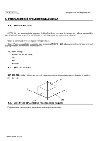 [ 16 / 55 ]

Programação em Máquinas CNC

5. PROGRAMAÇÃO CNC MITSUBISHI MELDAS M520 AM
5.1.

Nome do Programa

LETRA “O” - em seguida digitar o numero de identificação do programa. Logo após o n° colocar o comentário
(que é opcional) para uma melhor identificação na hora de procurar um programa na máquina.

Obs.:1 O comentário deve ser digitado entre parênteses.
Obs.:2 Para transmissão do computador para a máquina CNC (RS – 232) adicionar uma linha no inicio e no final
do programa com o símbolos de percentagem “%”.

Ex. O 564 ( Flange)
N5 G90 G40 G80 G21G54 G17
N10................
N15................
N75 M30

5.2.

Plano de trabalho

G17, G18, G19 ( Modal ) Seleciona o plano de trabalho em que serão executadas as coordenadas de trabalho.
XY

ZX

YZ
G17
Z

Y
X

5.3.

G19

G18

Zero Peça ( G54....G59) Em relação ao zero máquina.

Pode-se manter na memória do comando até seis zero-peça diferentes.

ESCOLA TECNICA TUPY

 