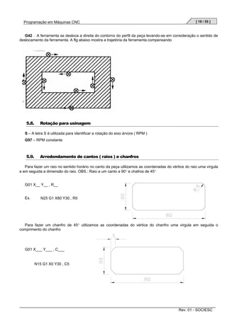 Programação em Máquinas CNC

[ 19 / 55 ]

G42 — A ferramenta se desloca a direita do contorno do perfil da peça levando-se em consideração o sentido de
deslocamento da ferramenta. A flg abaixo mostra a trajetória da ferramenta compensando

5.8.

Rotação para usinagem

S – A letra S é utilizada para identificar a rotação do eixo árvore ( RPM )
G97 – RPM constante

5.9.

Arredondamento de cantos ( raios ) e chanfros

Para fazer um raio no sentido horário no canto da peça utilizamos as coordenadas do vértice do raio uma virgula
e em seguida a dimensão do raio. OBS.: Raio a um canto a 90° e chafros de 45°

G01 X__ Y__ , R__

Ex.

N25 G1 X80 Y30 , R5

Para fazer um chanfro de 45° utilizamos as coordenadas do vértice do chanfro uma virgula em seguida o
comprimento do chanfro

G01 X___ Y___ , C___

N15 G1 X0 Y30 , C5

Rev. 01 - SOCIESC

 